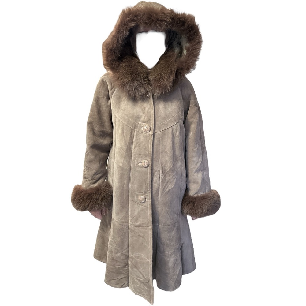 Verismo Suede Leather Faux Shearling Fur Trim Coat